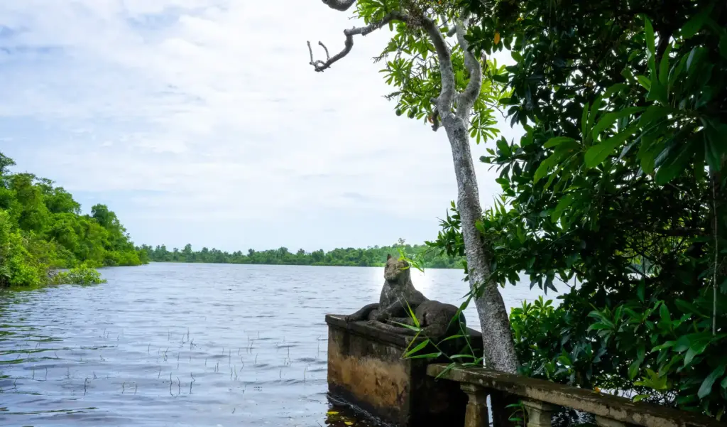 The sculpted stone leopard at the edge of the lake. Photo: Harmeet Sehgal